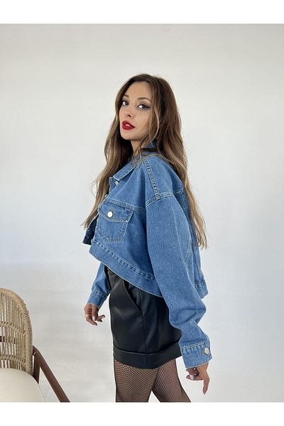 Fame Jachetă de damă oversize asimetrică din denim albastru