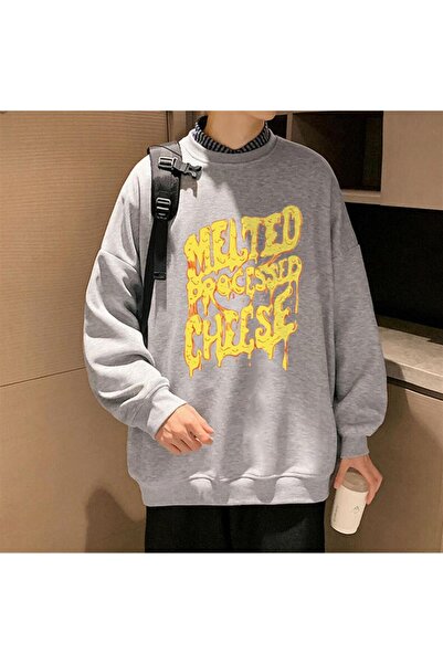 Touz Blush Cheese Printed Gray Unisex Oversize Crew Neck Sweatshirt