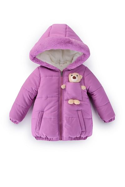 PODİUM GİYİM Trend Cute Baby Teddy Bear Fur Soft Fabric Pocket Gilded Hooded Winter Coat-Coat