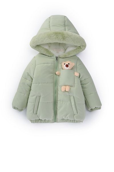 PODİUM GİYİM Trend Cute Baby Teddy Bear Fur Soft Fabric Pocket Gilded Hooded Winter Coat-Coat
