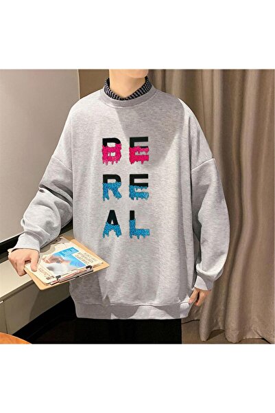 Touz Be Real Printed Gray Unisex Oversize Crew Neck Sweatshirt
