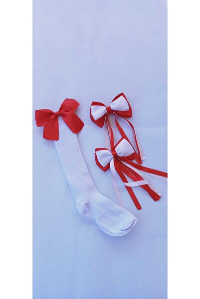 Sare Çocuk Giyim Girl's White Knee Socks Set with Red Ribbon Buckle