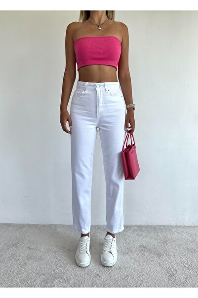 BROSERER Women's White High Waist Kvnç Jeans - Mom Fit Jeans (No Show Inside)