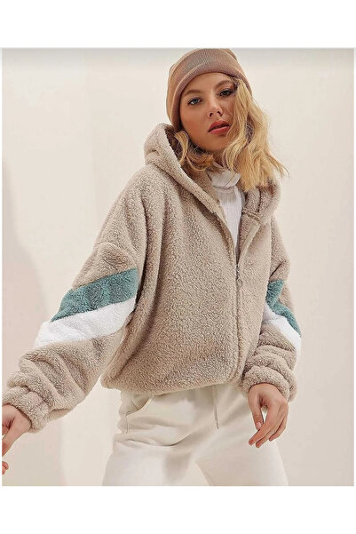 machiavelli Γυναικεία βελούδινη ζακέτα με με κουκούλα φερμουάρ και ελαστική μέση