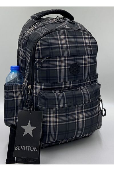 Bevitton Satin Waterproof Fabric Unisex Plaid Black School Backpack 20289