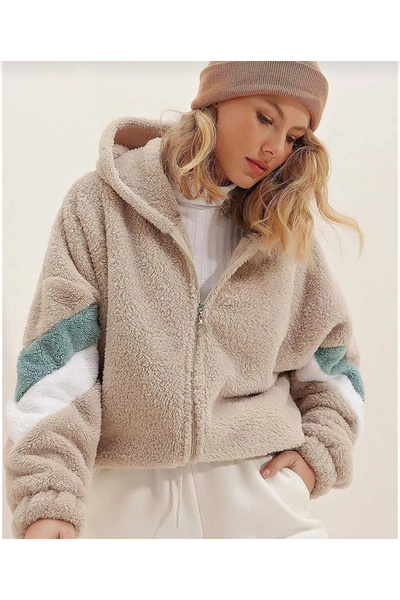 machiavelli Γυναικεία βελούδινη ζακέτα με με κουκούλα φερμουάρ και ελαστική μέση