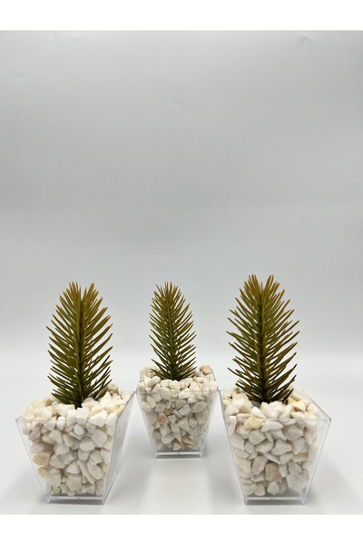 Süs ağacı Beyaz Mermer Taşında 3 lü Renkli Çam Dalı Saksı Yapay Çiçek 5 cm Genişlik 12 cm Yükseklik