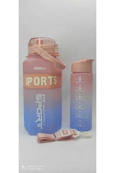OPTİZON PINK-BLUE SET OF 2 Sport Motivational Water Bottle Water Bottle 2 Lt + 700 Ml Tritan - HEXagonal