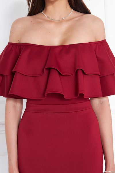 lovebox Stretchy Scuba Fabric Madonna Neckline Midi Length Pencil Cut Burgundy Evening Dress 164
