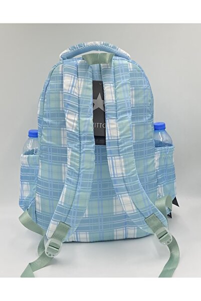 Bevitton Saten Su Geçirmez Kumaş Unisex Ekose Turkuaz Okul Sırt Çantası 20289