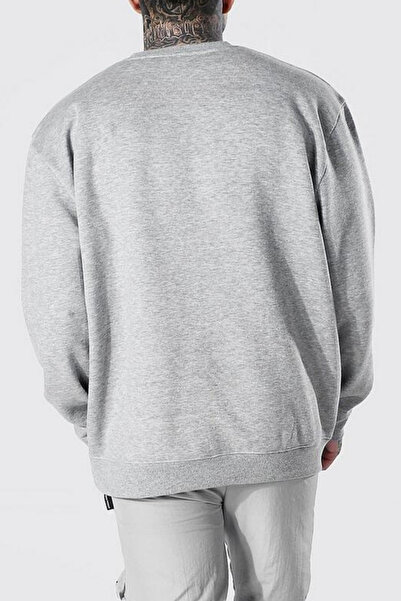 NAKRUF Gri Brooklyn Baskılı Oversize Bisiklet Yaka İçi Polarlı Sweatshirt