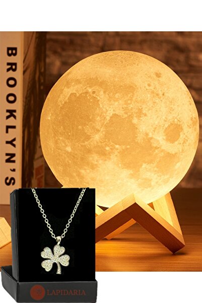Lapidaria 3d Ahşap Standlı Ay Gece Lambası Yonca Kolye Hediyeli Küre Led Başu...