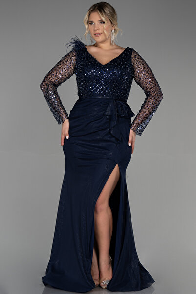 Abiyefon Lacivert Pullu Uzun Kol Yırtmaçlı Büyük Beden Abiye ABU3284