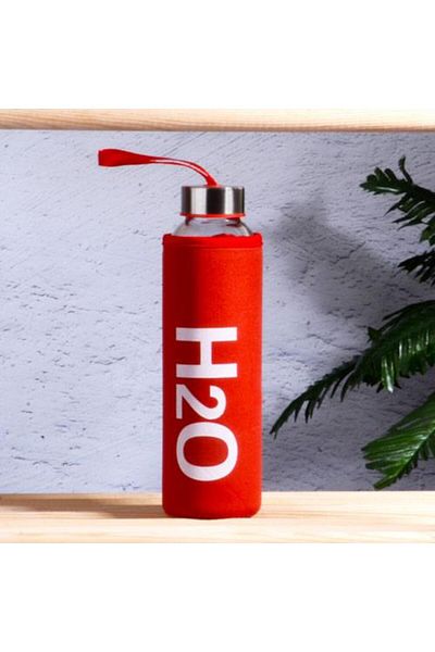 kitchenboost H2O glass flask with cover - water flask 500 ml water bottle red