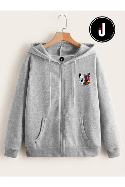 Jobia Outdoors Unisex Γυναικείο Ανδρικό Μπουφάν Fleece με κουκούλα με φερμουάρ 3 κλωστών Panda με στάμπα