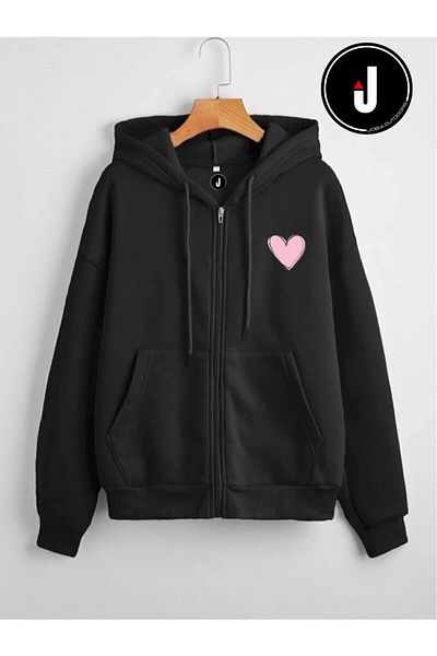Jobia Outdoors Unisex Γυναικείο Ανδρικό Σχέδιο Καρδιάς με φερμουάρ 3 κλωστών με κουκούλα Fleece Jacket