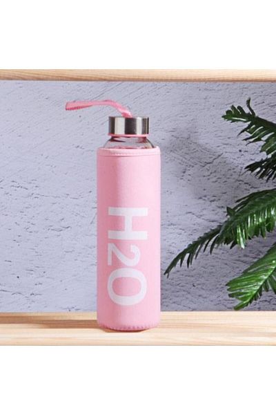 kitchenboost H2O glass flask with cover - water flask 500 ml water bottle pink