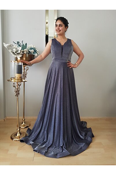 FERGAN KADIN GÜMÜŞ GRİ SİMLİ KLOŞ BÜYÜK BEDEN ABİYE ELBİSE