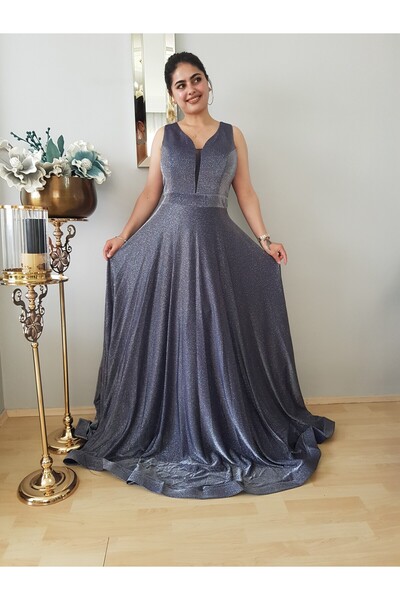 FERGAN KADIN GÜMÜŞ GRİ SİMLİ KLOŞ BÜYÜK BEDEN ABİYE ELBİSE