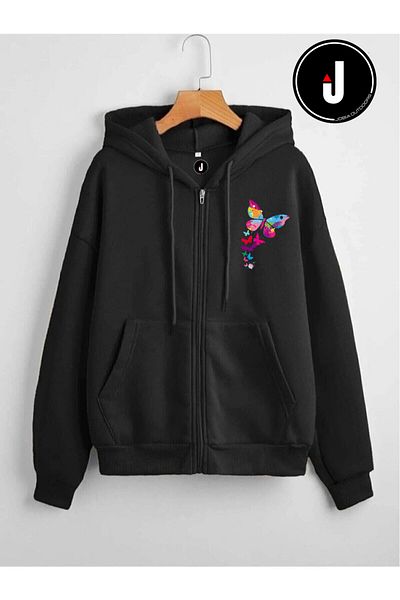 Jobia Outdoors Unisex Γυναικείες πολύχρωμες πεταλούδες με εμπριμέ σχέδιο 3 κλωστών με φερμουάρ με κουκούλα Fleece Jacket
