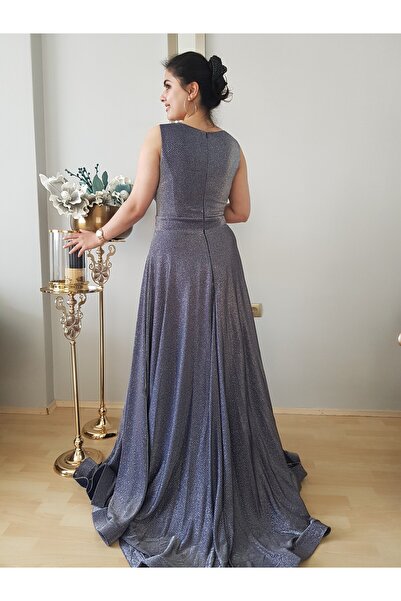 FERGAN KADIN GÜMÜŞ GRİ SİMLİ KLOŞ BÜYÜK BEDEN ABİYE ELBİSE