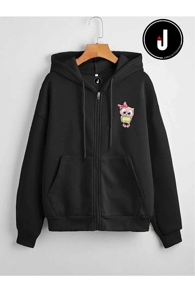 Jobia Outdoors Unisex Γυναικείες άντρες Χαριτωμένο σχέδιο με στάμπα κουκουβάγιας με φερμουάρ 3 κλωστών με κουκούλα φλις μπουφάν