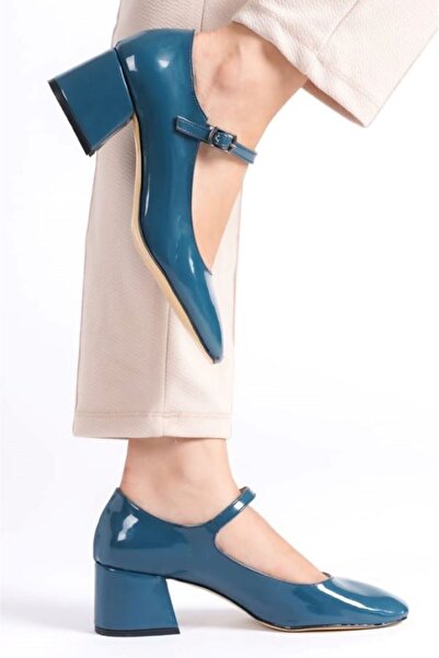 Ayakkabı Podyumum Petrol Rugan Kapalı Yuvarlak Burunlu 5 cm Kalın Ökçe