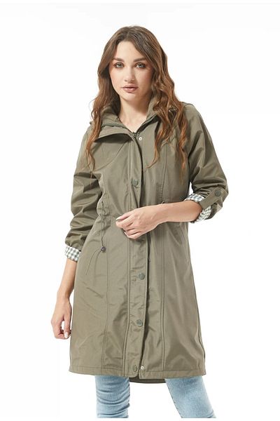 Alegante Women's Zippered Waist Drawstring Hooded Khaki Color Trench Coat