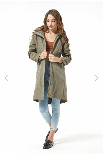 Alegante Kadın Fermuarlı Belden Büzgülü Kapüşonlu Haki Renk Trenchcoat