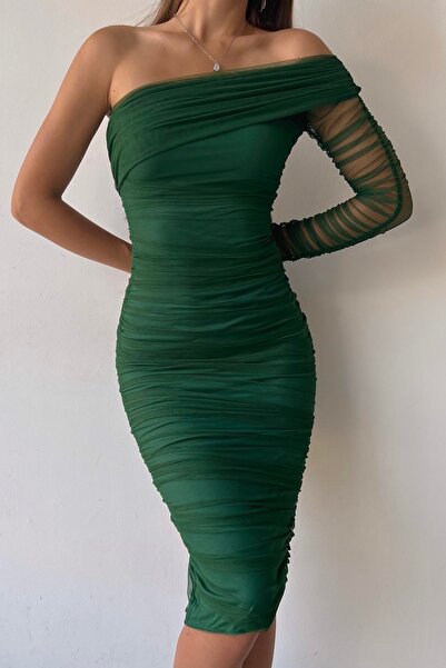 lovebox Lined Tulle Fabric Single Sleeve Detailed Midi Length Emerald Green Slim Cut Pencil Evening Dress Dress 109