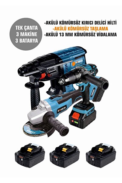 BÖHRER Akülü 3 Bataryalı Taşlama + Kırıcı + Vidalama , V258 5000mAh , Profesy...