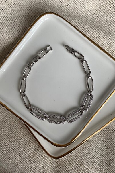 fuya design Taşlı Dikdörtgen Geçişli Çelik Bileklik