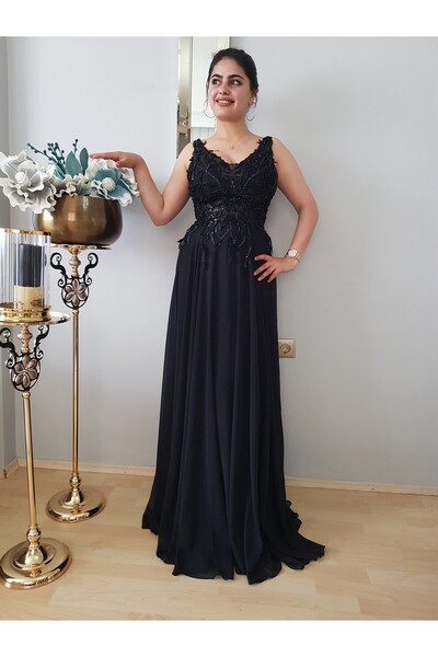 FERGAN فستان سهرة نسائي من الشيفون باللون الأسود مطرز بأحجار الرحمة