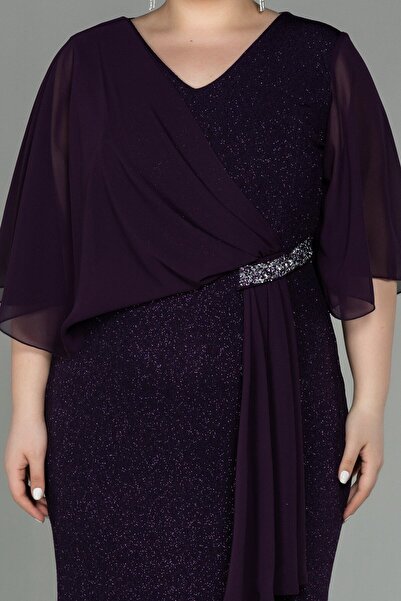 Abiyefon Purple Short Sleeve Long Glitter Plus Size Evening Dress Abu2857