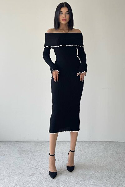vuvutasarım Dámská elastická pletenina Madonna Límec Dlouhý rukáv Midi Délka Tužkový střih Černé Pletené šaty 175