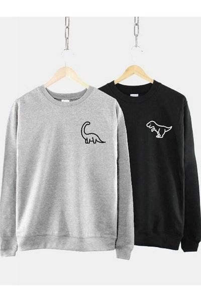 Mythologie Συνδυασμός Dinosaurs Lover Couple - Γκρι Μαύρη στάμπα Oversize φούτερ με λαιμόκοψη