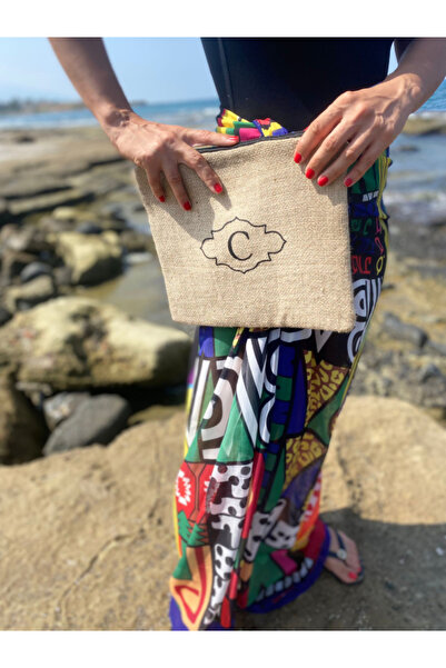 C Harfli Clutch Çanta - Jüt Kumaş