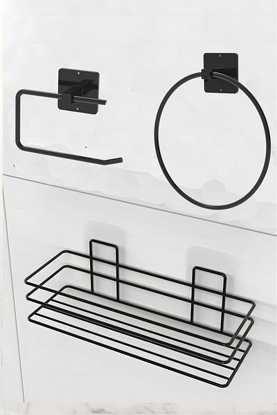 KARTEYA Set of 3 Adhesive Bathroom Organizer Shower Cabin Shampoo Holder Bathroom Shelf WC Paper Holder and Towel Holder