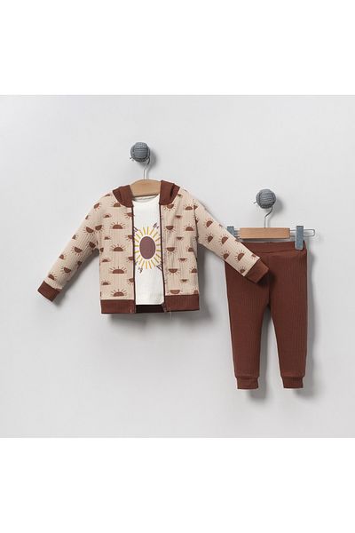 Bubito Sun Patterned Cotton Baby 3-Piece Bottom and Top Set-Brown