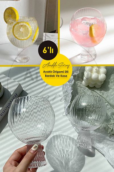 Anadolu Saray Set of 6 Heat Resistant Borosilicate Glass Footed Origami Style Cups and Bowls | Coffee Presentation Cup 6 Pieces