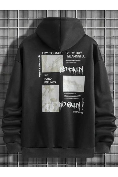 Black Sokak Black No Pain No Gain Printed Oversize Hooded Unisex Sweatshirt