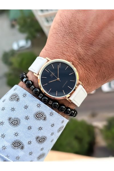 Q&Q Retro White Color, Waterproof, Leather Strap Men's Wristwatch+Bracelet
