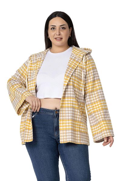 DISENTIS MODEST Large Size Wide Sleeve Hooded Pocket Mustard Striped Cardigan