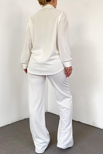 lovebox Cămașă și pantaloni cu design supradimensionat Seersucker pentru femei Costum dublu alb 10786