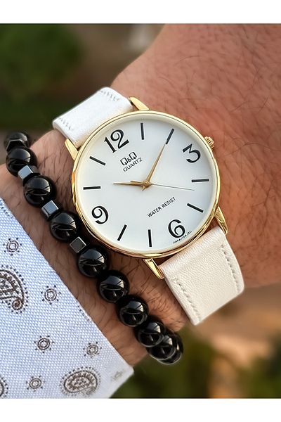 Q&Q Retro White Color Waterproof Leather Strap Men's Wristwatch+Bracelet