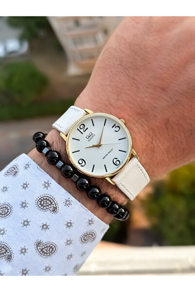 Q&Q Retro White Color Waterproof Leather Strap Men's Wristwatch+Bracelet