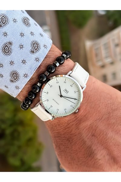 Q&Q Brand Retro White Color, Waterproof, Leather Strap Men's Wristwatch+Bracelet