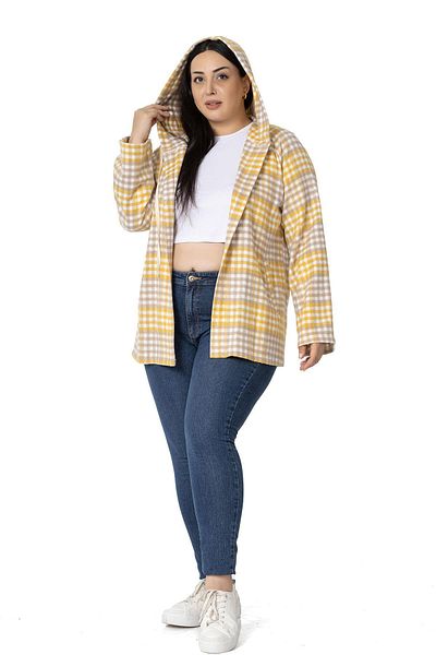 DISENTIS MODEST Large Size Wide Sleeve Hooded Pocket Mustard Striped Cardigan