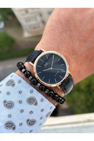 Q&Q Brand Retro Dark Blue, 24 months Warranty, Waterproof, Leather Strap Men's Wristwatch+Bracelet