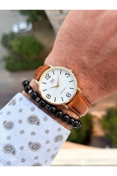Q&Q Brand Retro Tan Color, 24 Months Warranty, Waterproof, Leather Band Men's Wrist Watch+Bracelet